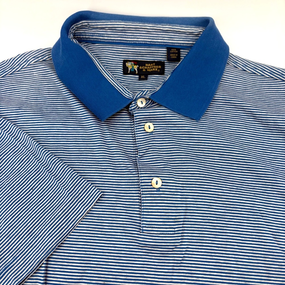 Hart Schaffner Marx Mens XL Blue‎ White Striped Cotton Short Sleeve Polo Shirt